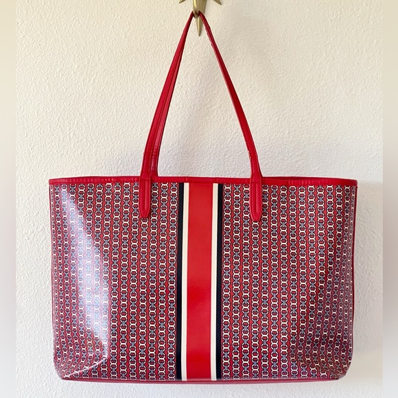 Tory Burch Gemini Link Large Red Logo Coated Canvas Vinyl Tote Bag - Picture 3 of 16